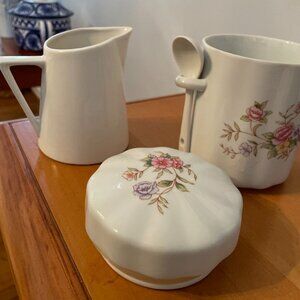 Porcelain canister and ironstone creamer